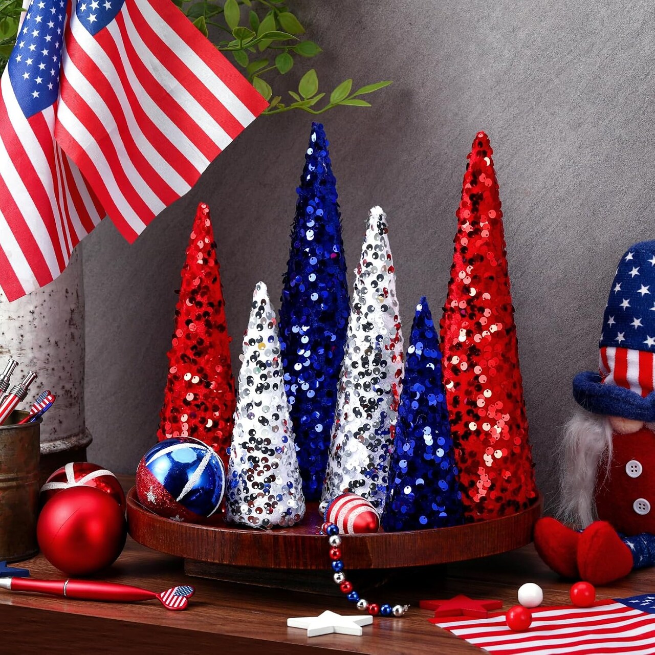 6-Piece 4th of July Red, White & Blue Glitter Cone Trees – Patriotic Table Centerpiece Decorations for Independence Day, Memorial Day, Veterans Day, Party, Home, Kitchen, and Shelf Display